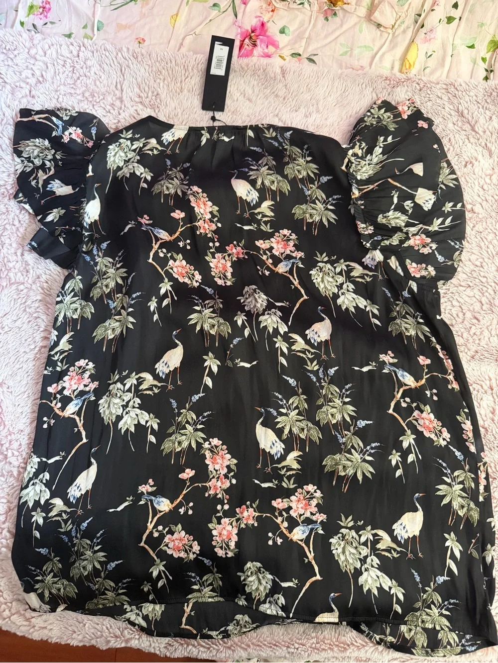 Banana Republic Black Floral & Crane Puff-Sleeve Top